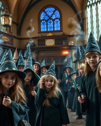 This high-resolution stock photo captures the enchanting atmosphere of a magical school teeming with young wizards. The image