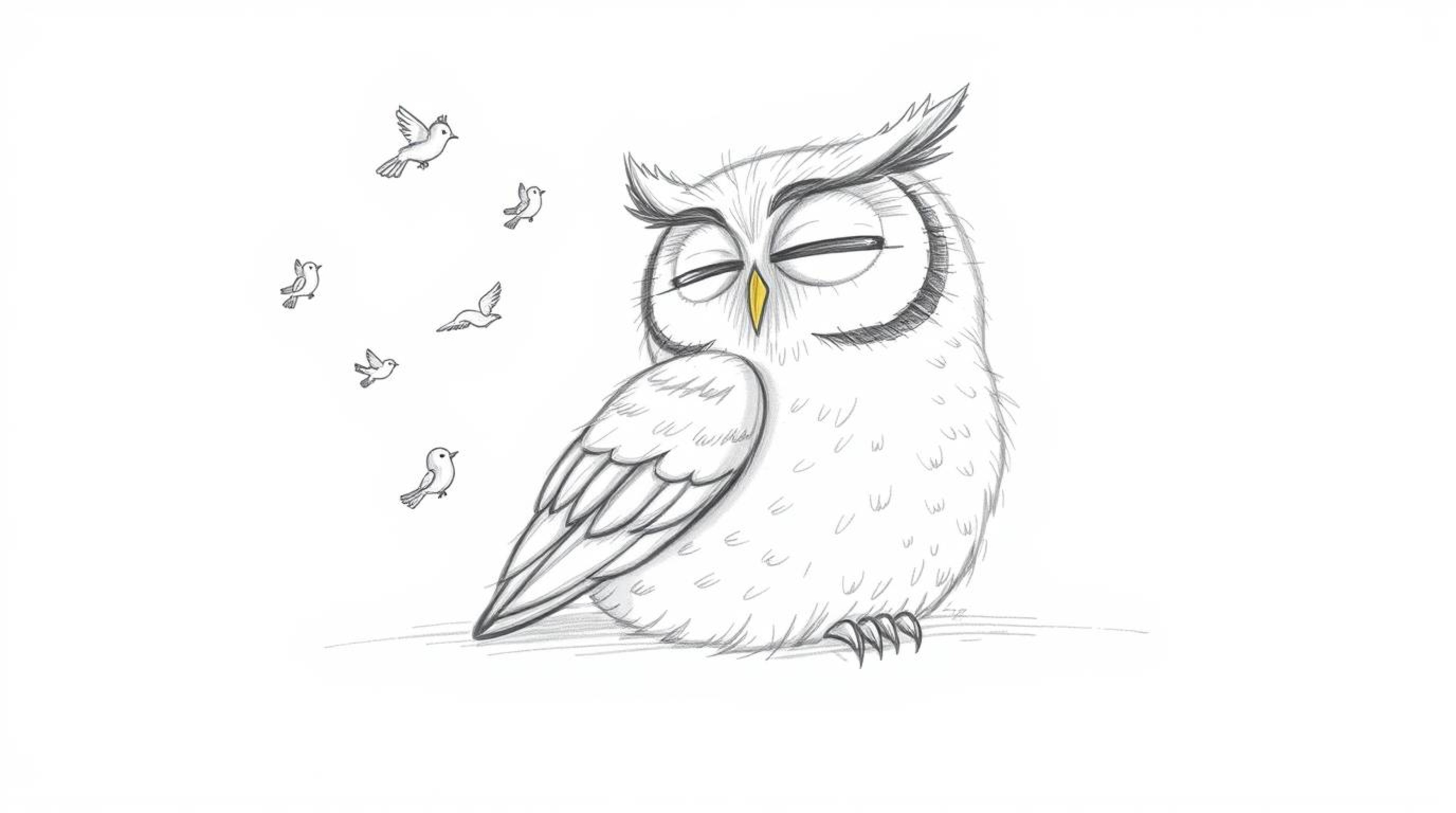 A heartwarming hand-drawn pencil sketch in the style of Pixar depicts a gentle, blind owl with soft, feathery details, peacef