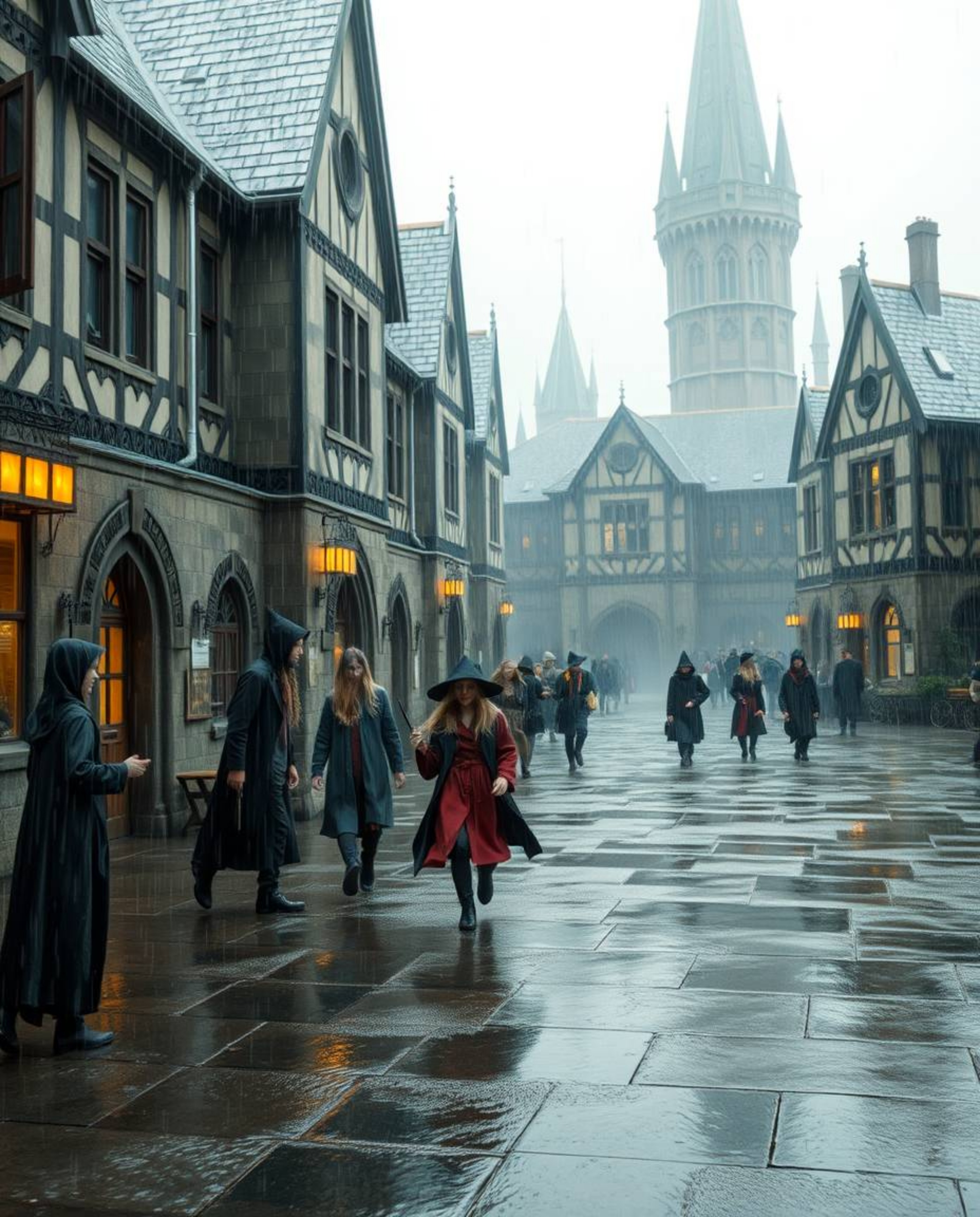 Immerse yourself in a magical school atmosphere filled with young wizards, enveloped in a soft, dreamy aesthetic. This scene