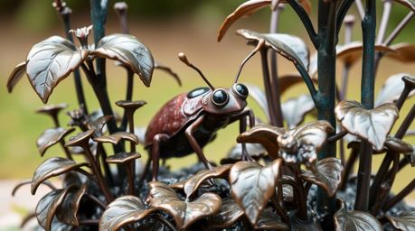 This cast bronze sculpture portrays a captivating scene of a bug-sized hero adventuring through a vibrant backyard jungle. Th