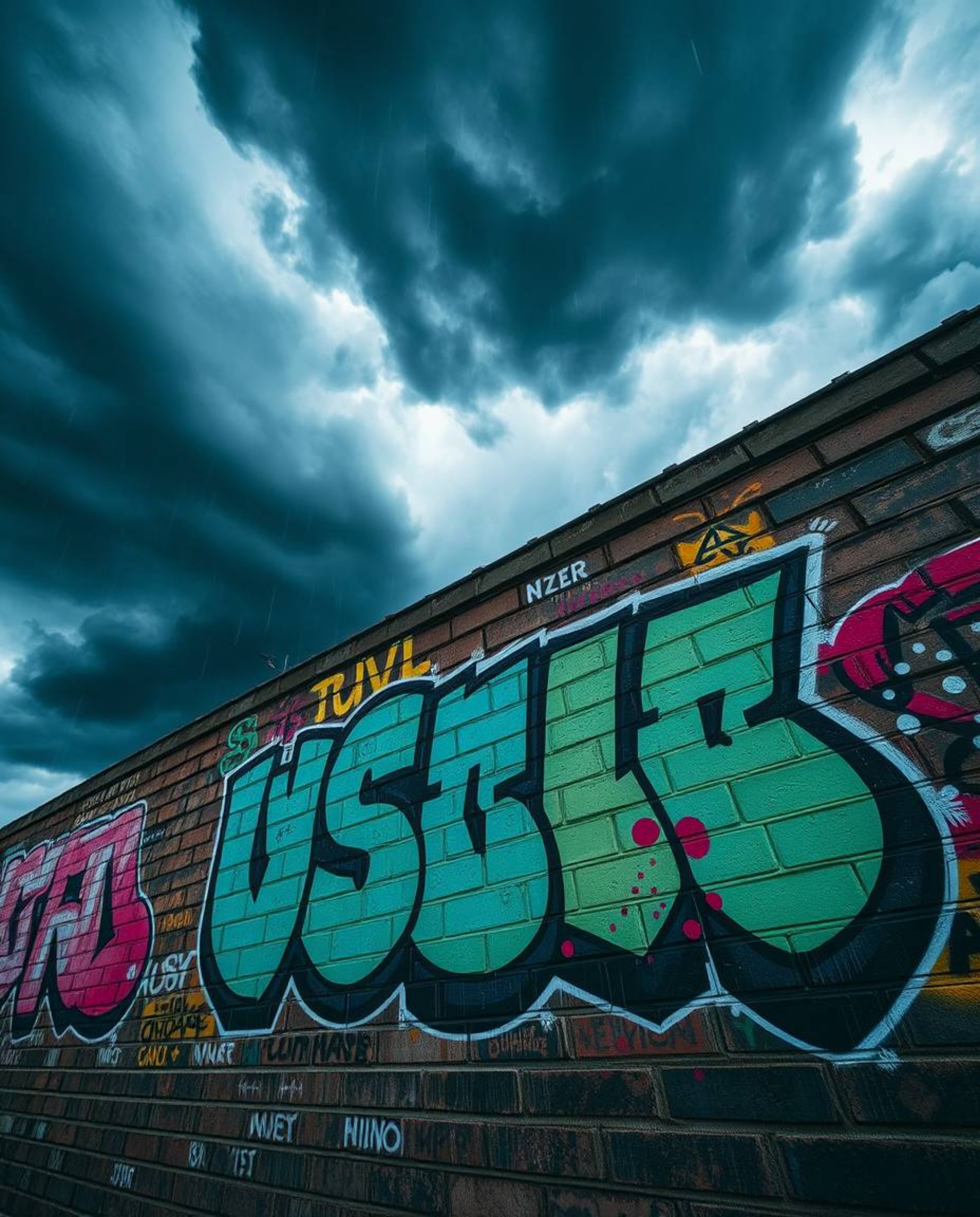Capture the intensity of dramatic weather with this stunning image. Featuring vibrant, graffiti-style splashes on a textured