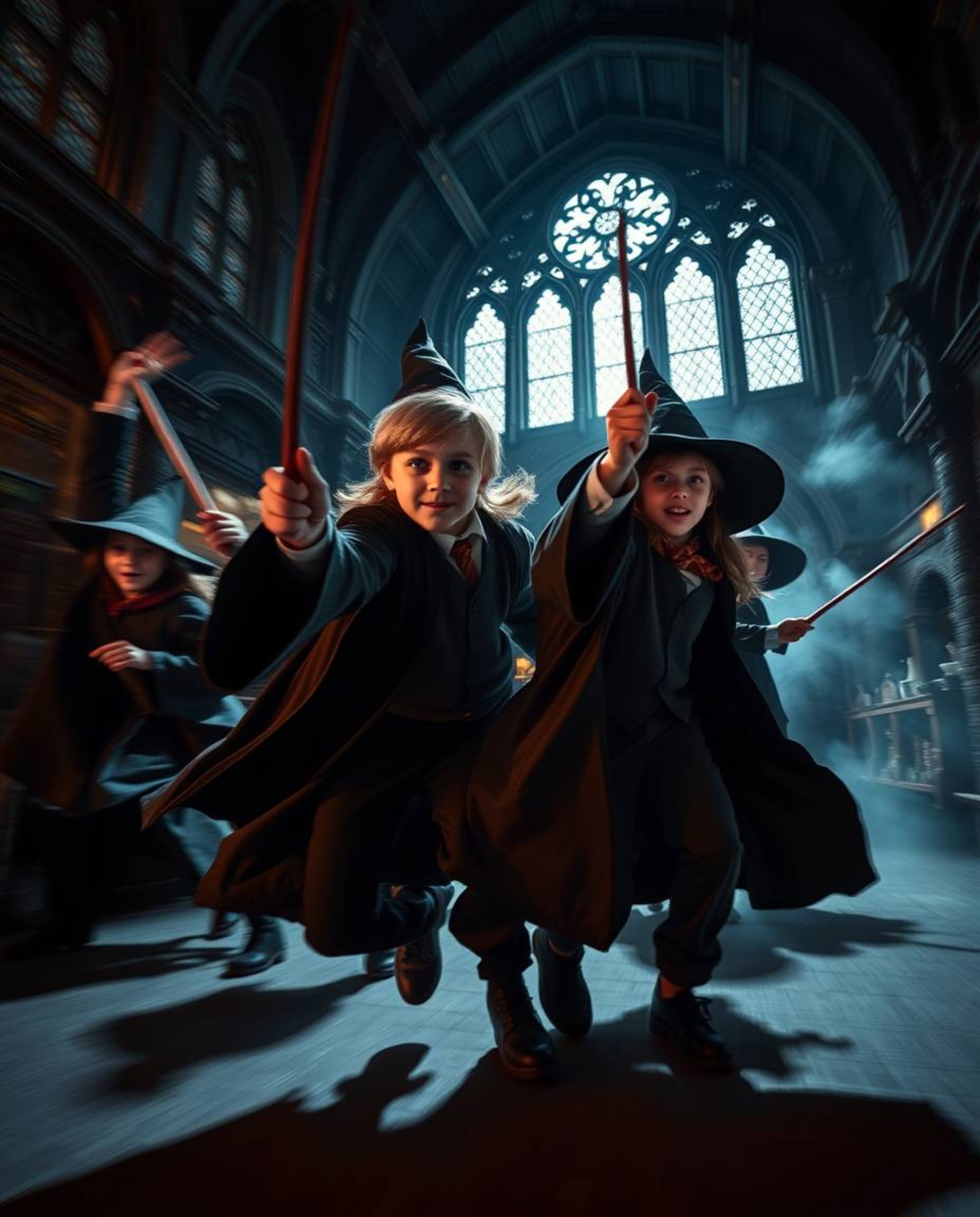 Capture the dynamic energy of young wizards at a magical school with high contrast and low key lighting to emphasize the acti