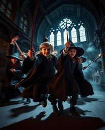 Capture the dynamic energy of young wizards at a magical school with high contrast and low key lighting to emphasize the acti