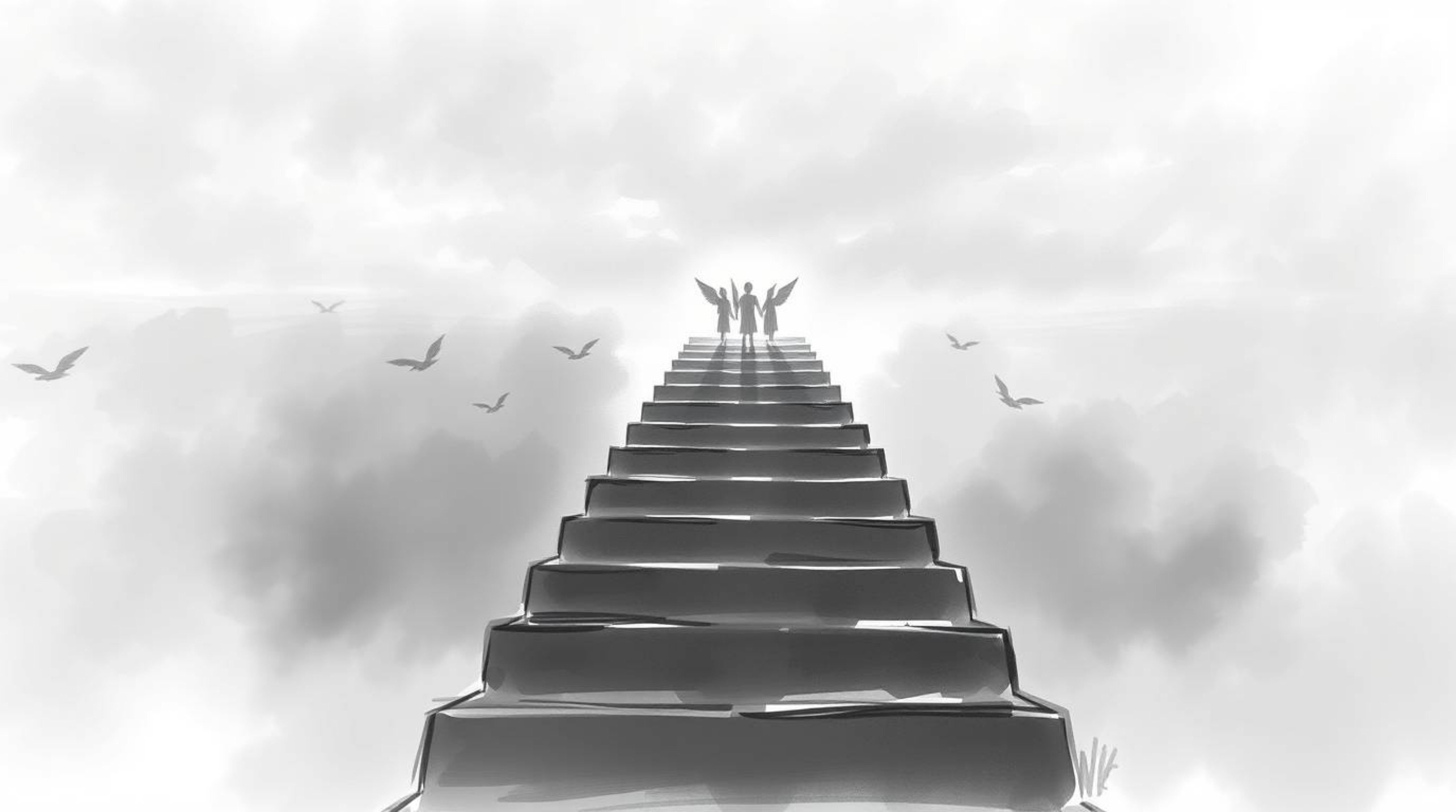 A captivating digital sketch depicting steps of light ascending into a cloudy sky, where angelic figures grace the horizon. T