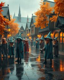 Immerse yourself in a magical school brimming with young wizards, bathed in the warm hues of autumn. Experience a captivating