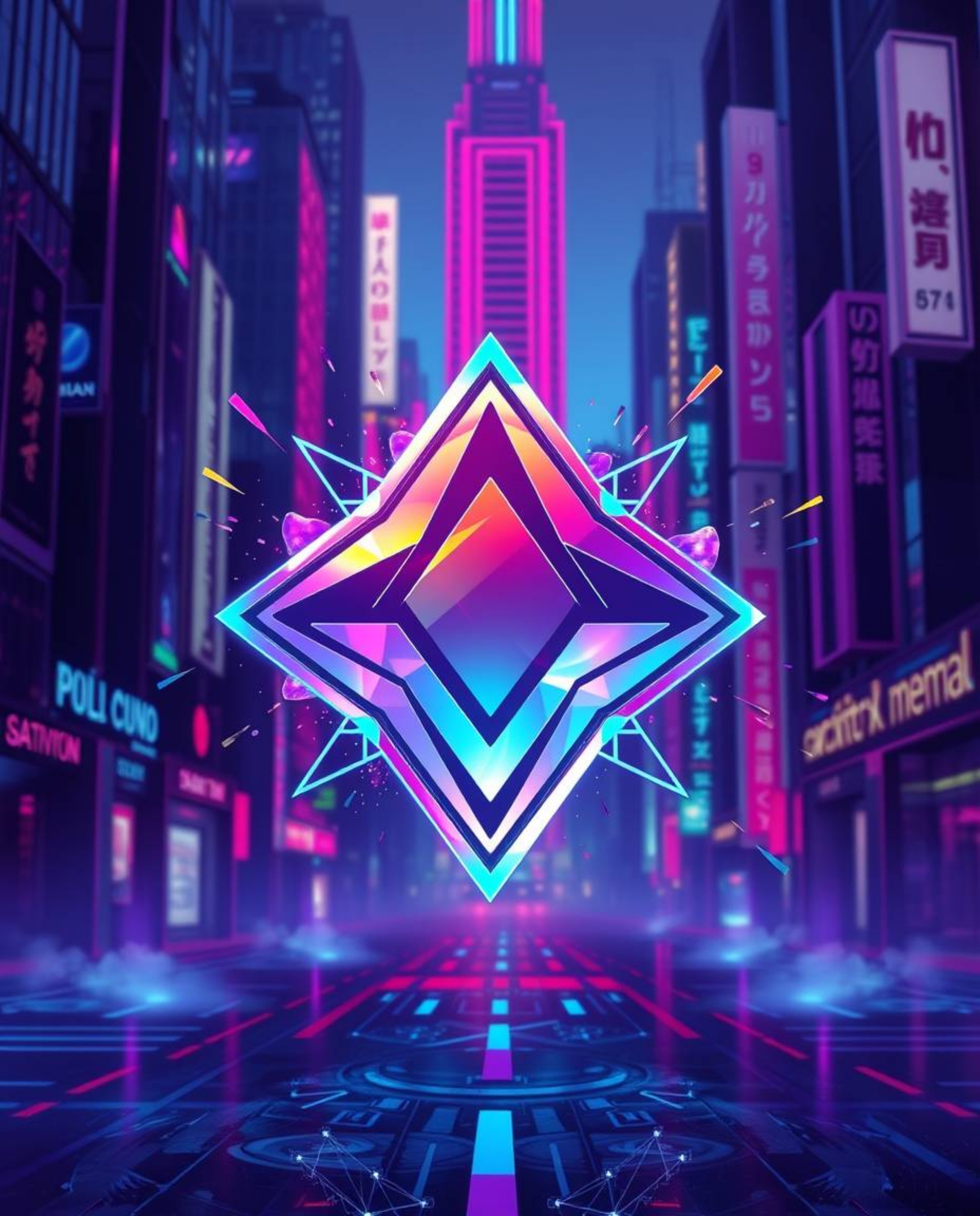 A captivating iridescent logo design featuring vibrant neon splashes against a futuristic cyberpunk cityscape backdrop.  Geom