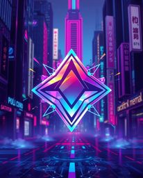A captivating iridescent logo design featuring vibrant neon splashes against a futuristic cyberpunk cityscape backdrop.  Geom