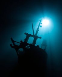 Discover a stunning underwater shipwreck rendered in intricate origami style.  Silhouetted against a radiant backlighting sou