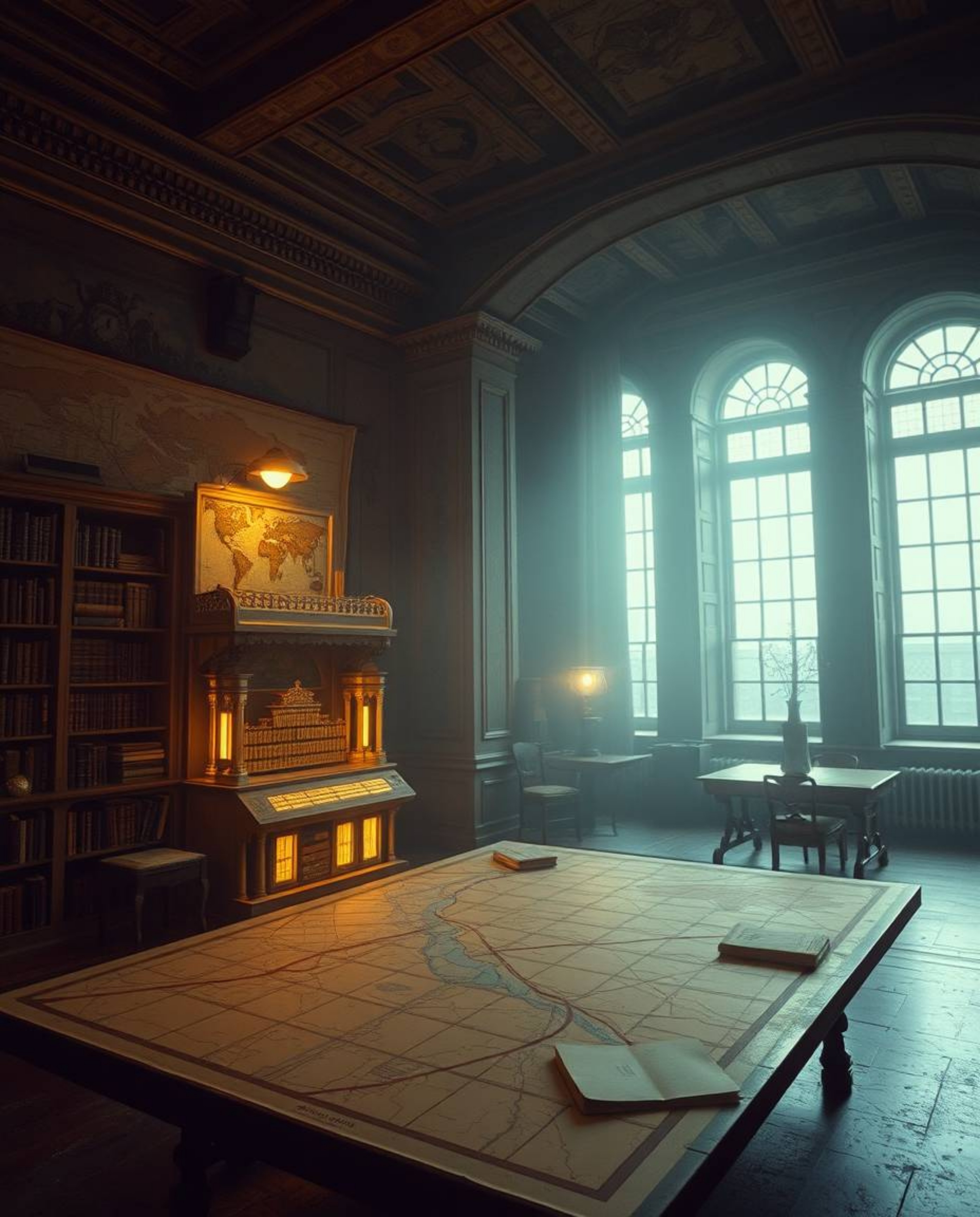 Precise architectural color photography captures a glowing map within an old study, bathed in soft, cinematic haze.  Sharp li