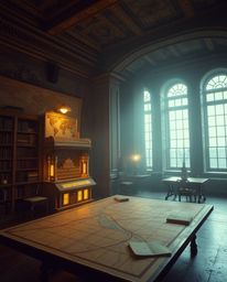 Precise architectural color photography captures a glowing map within an old study, bathed in soft, cinematic haze.  Sharp li