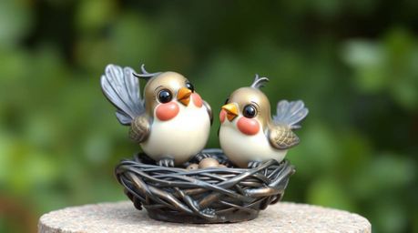 This charming bronze sculpture depicts two adorable cartoon birds diligently building their nest, reminiscent of classic anim