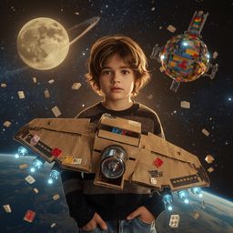 Exquisite high-fashion photography captures a boy with messy brown hair and curious eyes building a magnificent cardboard spa