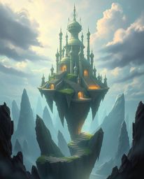 Explore a surreal floating island brought to life with strange, dreamlike architecture in this ethereal digital painting. Bat