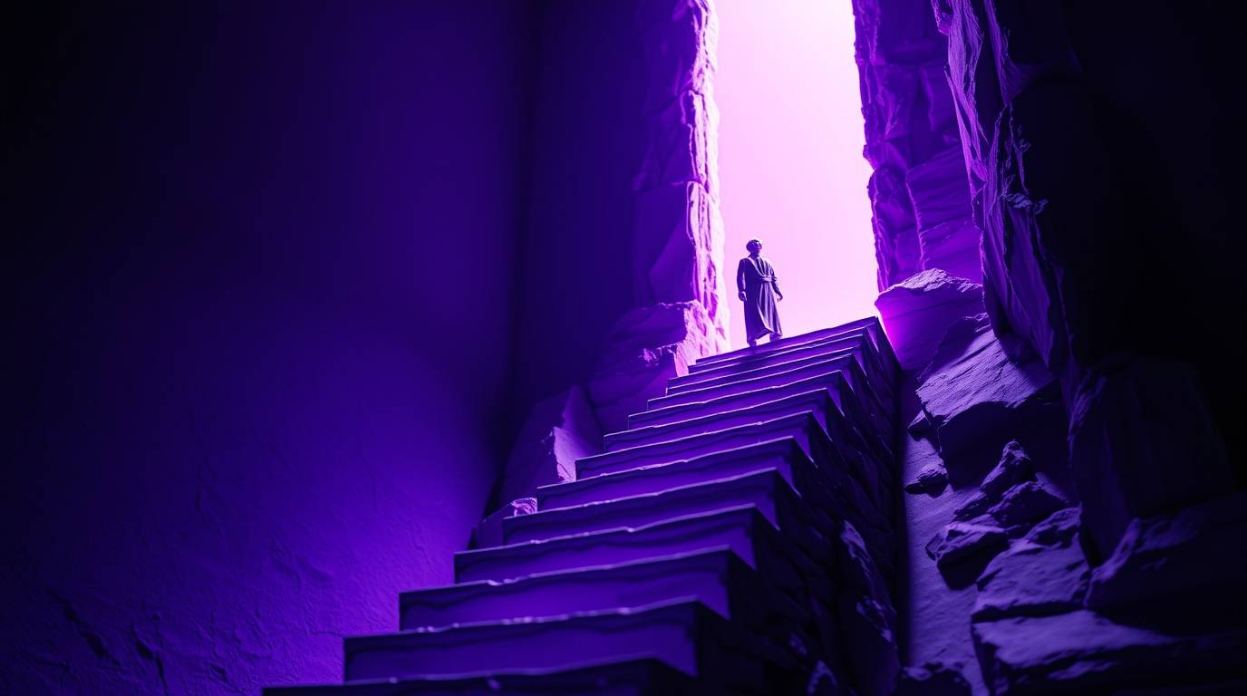 A captivating close-up shot depicts a solitary figure ascending a stone staircase crafted with layered papier-mâché, illumina