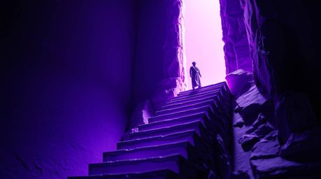 A captivating close-up shot depicts a solitary figure ascending a stone staircase crafted with layered papier-mâché, illumina