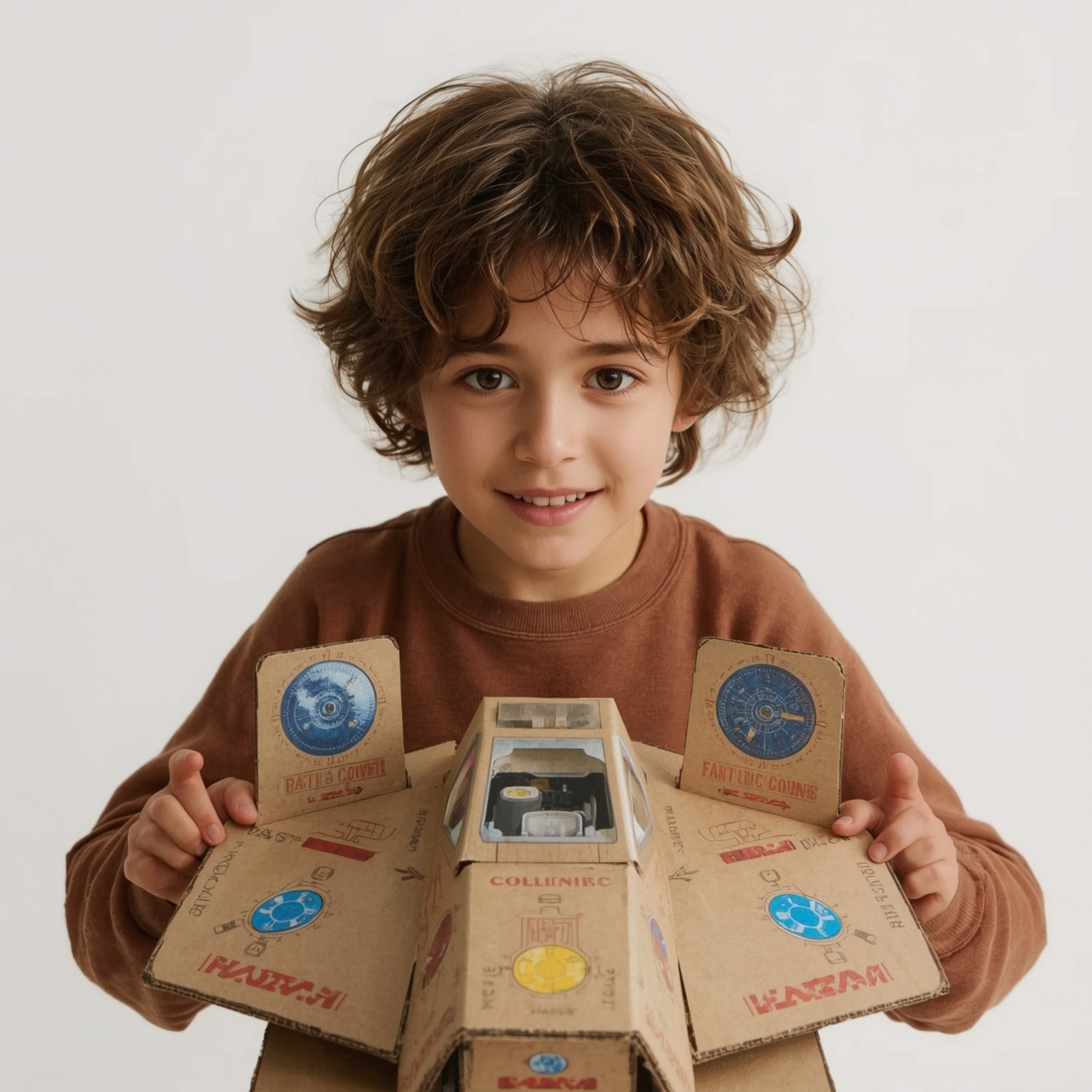 Exquisite high-fashion photography captures a boy with vibrant curly brown hair building an intricately designed cardboard sp