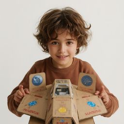 Exquisite high-fashion photography captures a boy with vibrant curly brown hair building an intricately designed cardboard sp