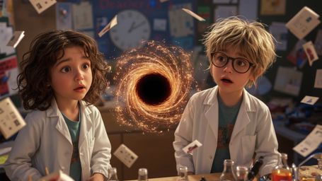 In a vibrant, cinematic photograph with a whimsical, Pixar-like style, a science fair duo—a bright-eyed girl with curly brown