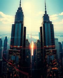 Explore a glitchy digital landscape featuring distorted skyscrapers and static noise, dramatically split into contrasting sec