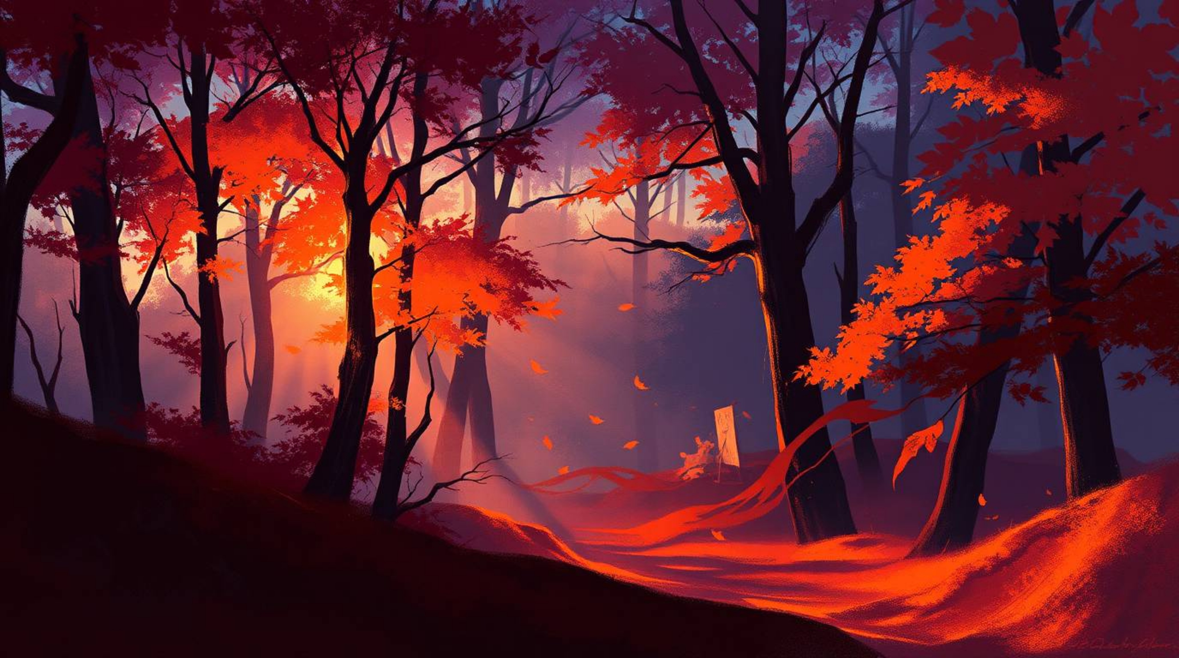 A digital sketch showcasing an autumn forest under a vibrant sunset, dominated by rich burgundy and deep blue tones. Loose, p