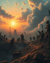 Experience a dreamlike and surreal sunrise over a war-torn landscape, a captivating depiction incorporating fantastical eleme