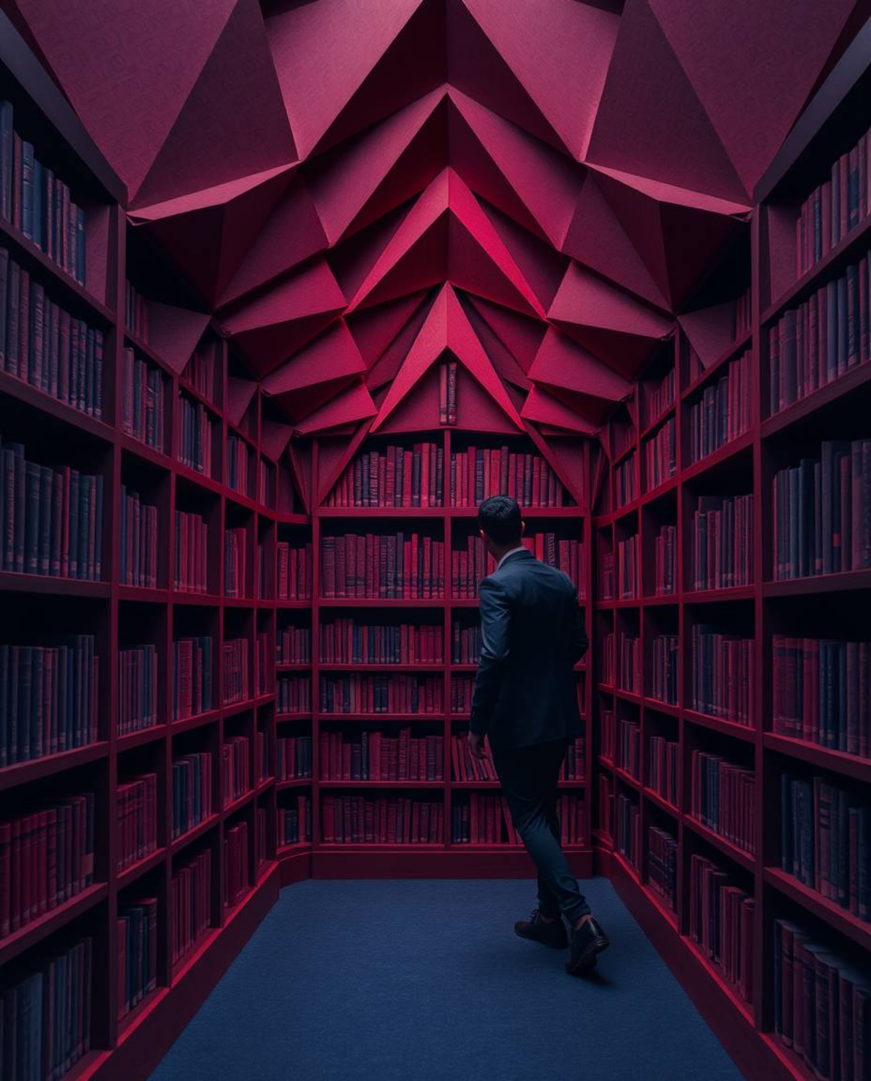 Explore the wonder of discovering a hidden underground library, rendered in rich burgundy and deep blue hues. This intricate 
