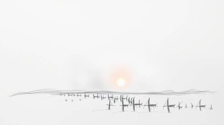 A captivating extreme macro hand-drawn sketch depicts the ethereal Northern Lights emerging over a vibrant sunset sky.  Thick