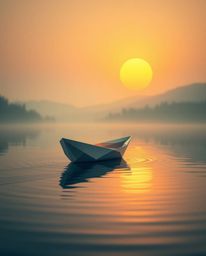 A boat drifts serenely on a lake at sunset, uniquely depicted in an intricate origami style. The vessel and its surroundings 