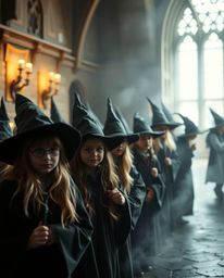 A captivating professional photograph depicts a magical school brimming with young wizards.  The image is styled with a soft 