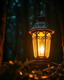 A captivating extreme macro photograph showcases a glowing lantern nestled within a dark forest. The image emphasizes the war