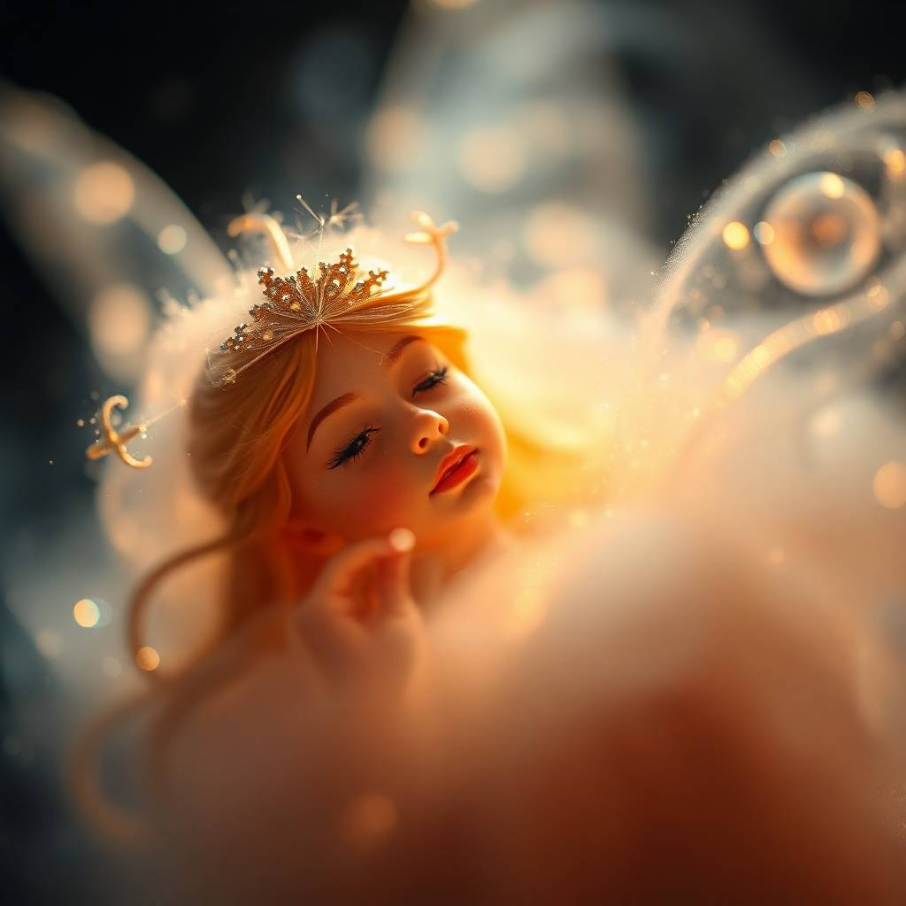 An extreme macro close-up photograph showcases a fairy godmother emerging from a mesmerizing swirl of sparkles.  Volumetric l