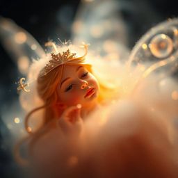 An extreme macro close-up photograph showcases a fairy godmother emerging from a mesmerizing swirl of sparkles. Volumetric l