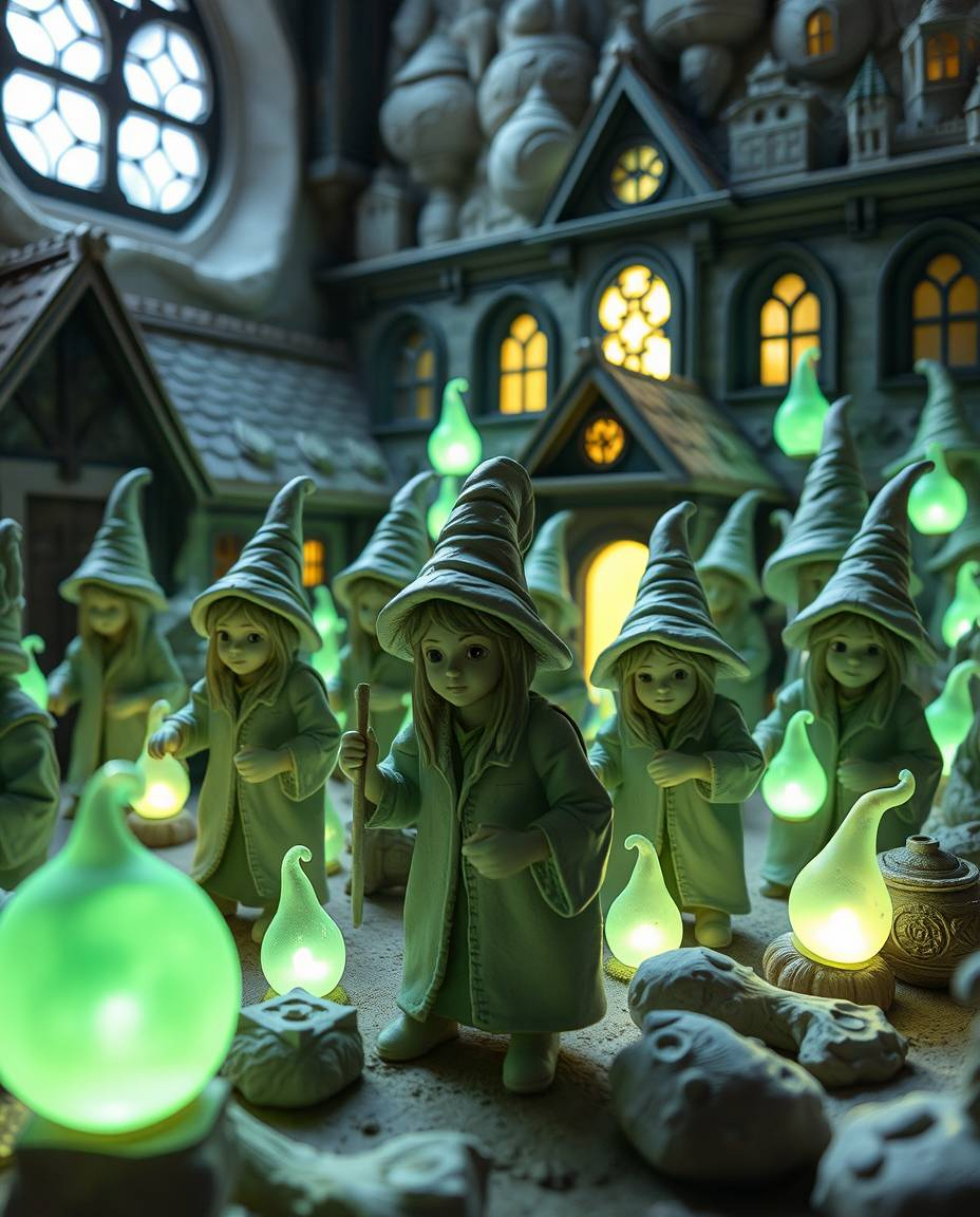 Explore a magical school brought to life through stunning bioluminescent clay sculptures, filled with young wizards and exhib
