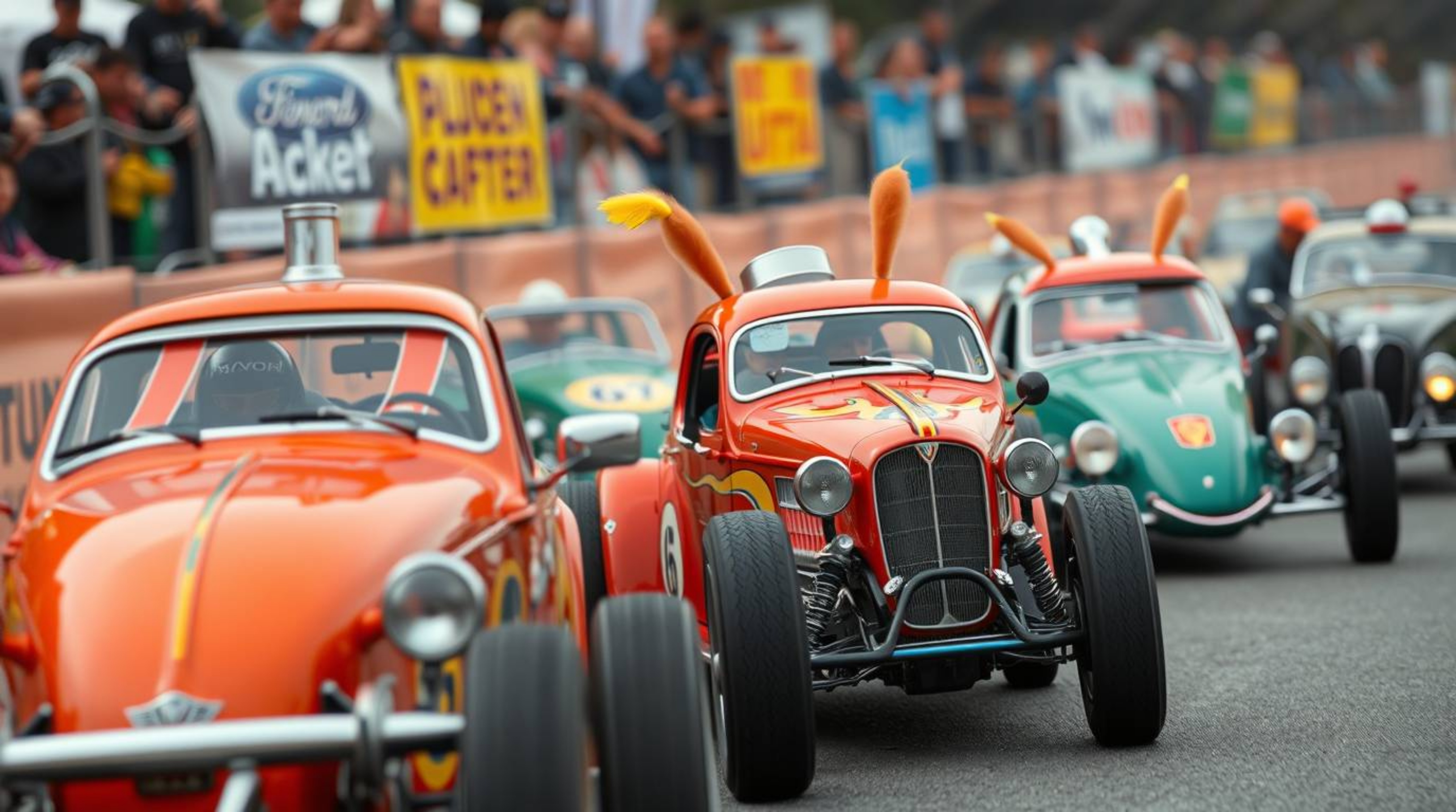 This high-resolution stock photo captures the excitement of a wacky racing scene, featuring outlandish cars and intricate det