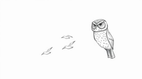 A gentle hand-drawn sketch depicts a blind owl, feathers detailed with textured pencil strokes, leading a flock of birds in p