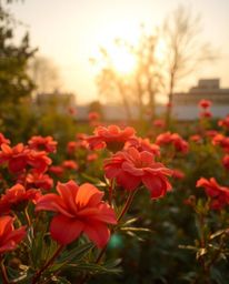 Captivating images showcasing vibrant flowers blooming in warm golden hour light, contrasted against a post-apocalyptic urban