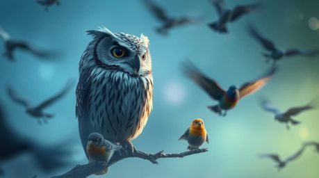 Experience a captivating scene: a wise, blind owl, rendered in the endearing style of Pixar, watches over birds learning to f