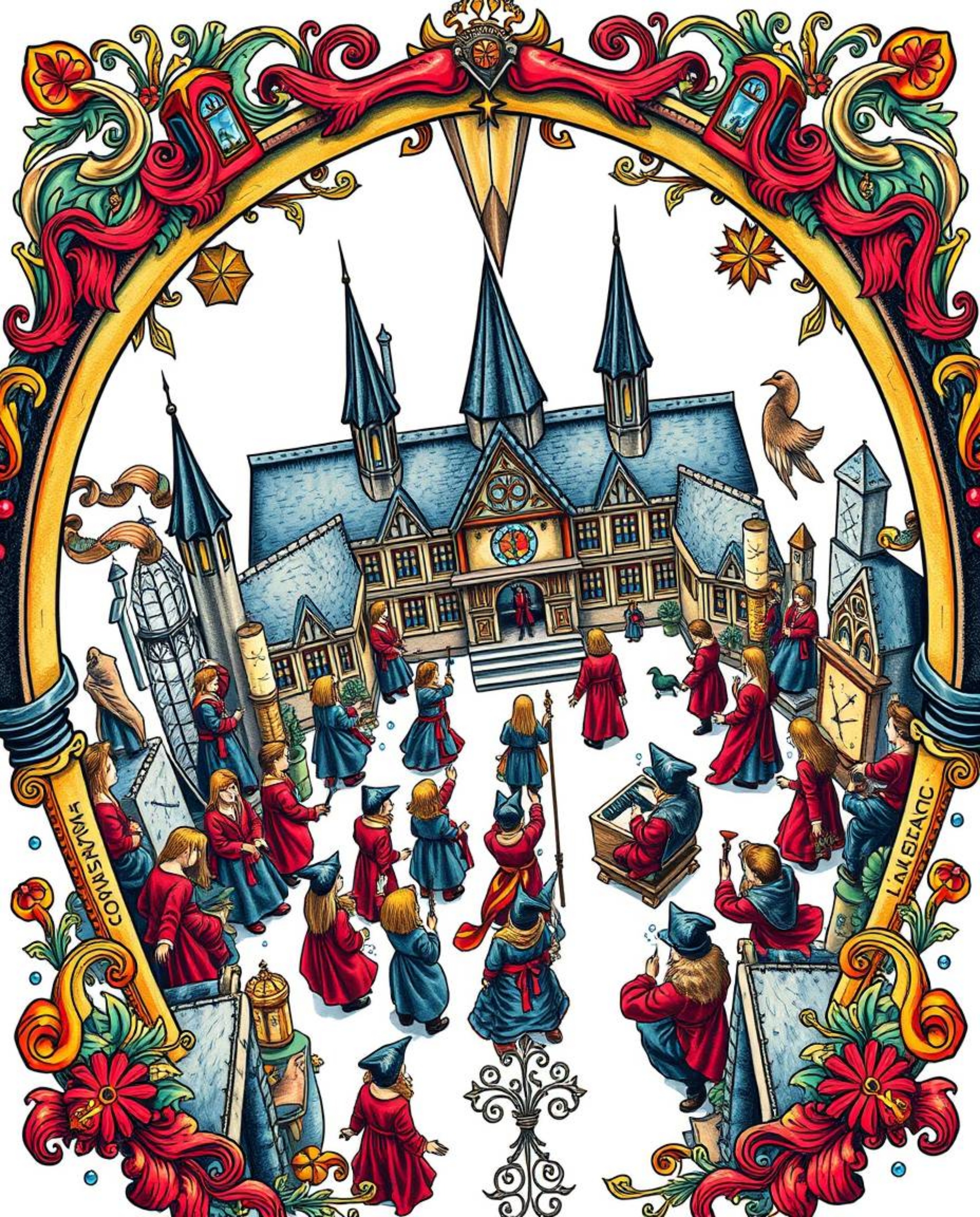 This vibrant art print showcases a high-angle perspective of a magical school teeming with young wizards. Rendered in a retro