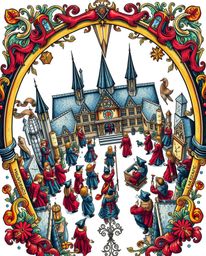 This vibrant art print showcases a high-angle perspective of a magical school teeming with young wizards. Rendered in a retro