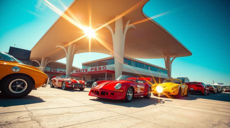 A captivating architectural photograph captures a chaotic and exhilarating wacky racing scene.  Outlandish cars zoom past, th