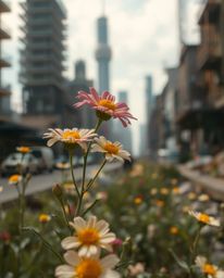 Stunning photography showcasing vibrant flowers blooming amidst the ruins of a post-apocalyptic city.  The images feature a c