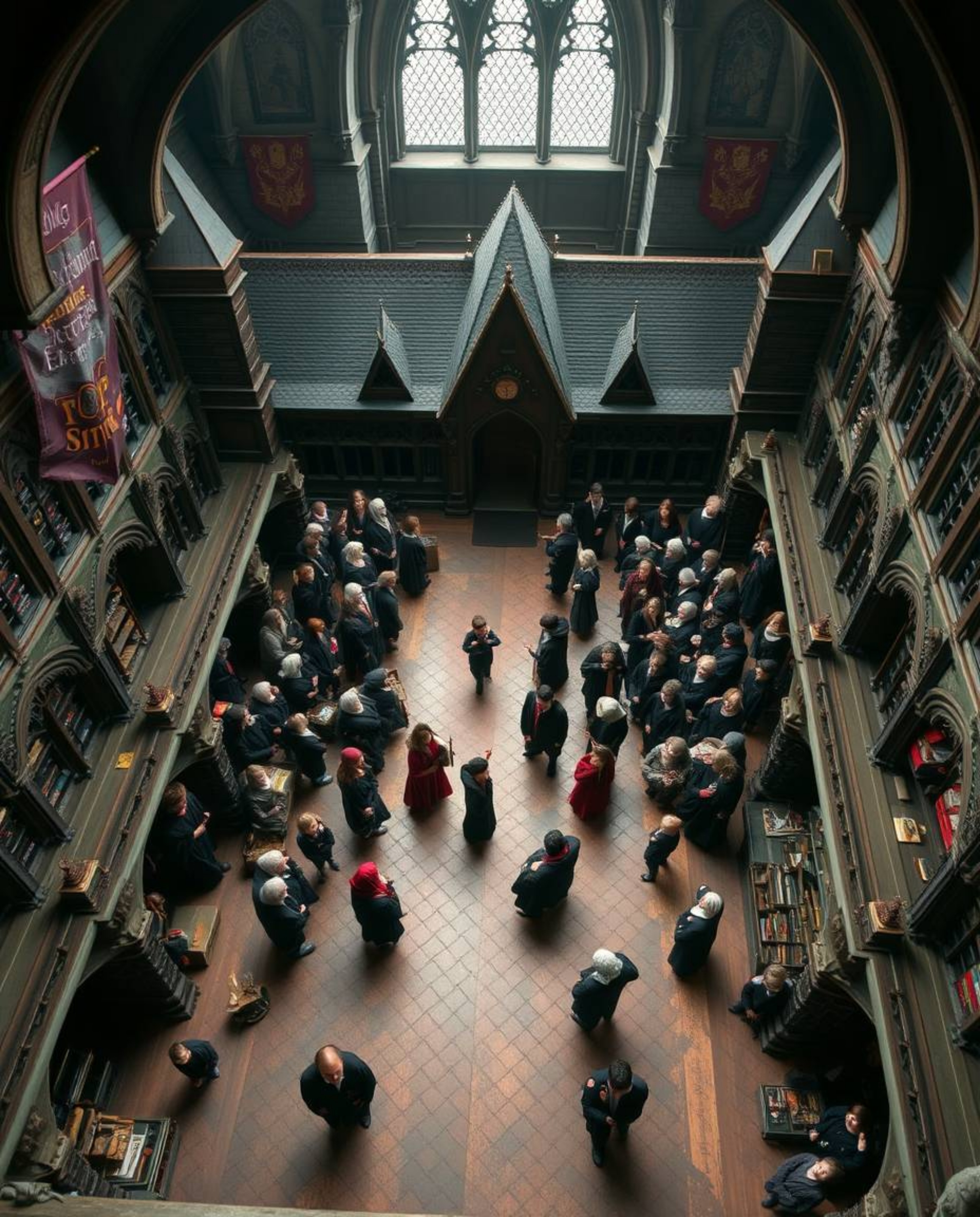 Experience a breathtaking high-angle view of a magical school brimming with young wizards.  This enchanting scene offers a br