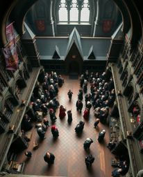 Experience a breathtaking high-angle view of a magical school brimming with young wizards.  This enchanting scene offers a br