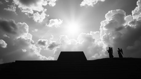 Immerse yourself in a classic black and white photograph depicting steps of light ascending into a cloudy sky. Angelic figure