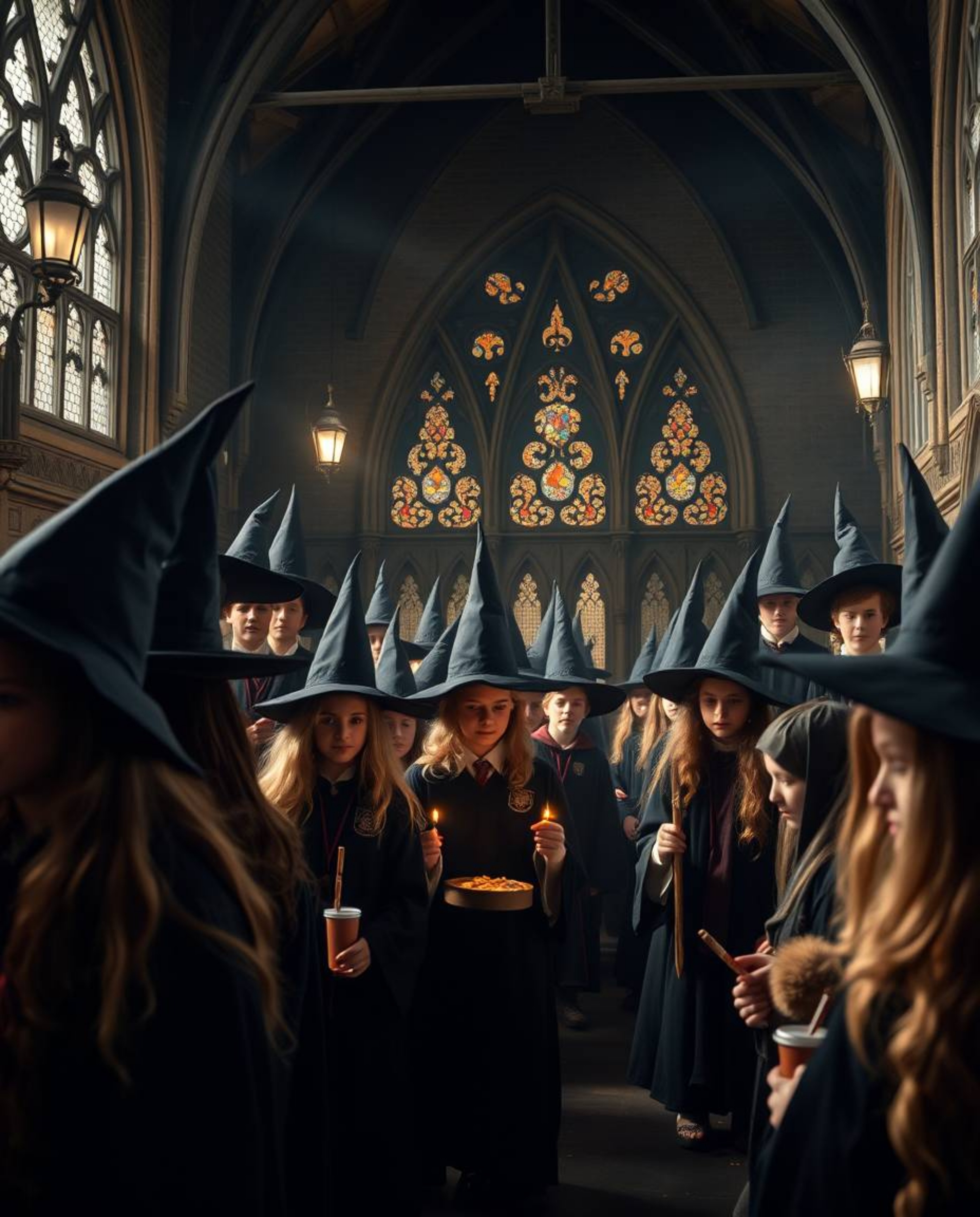 This high-resolution stock photo captures the enchanting atmosphere of a magical school brimming with young wizards. The imag