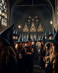 This high-resolution stock photo captures the enchanting atmosphere of a magical school brimming with young wizards. The imag