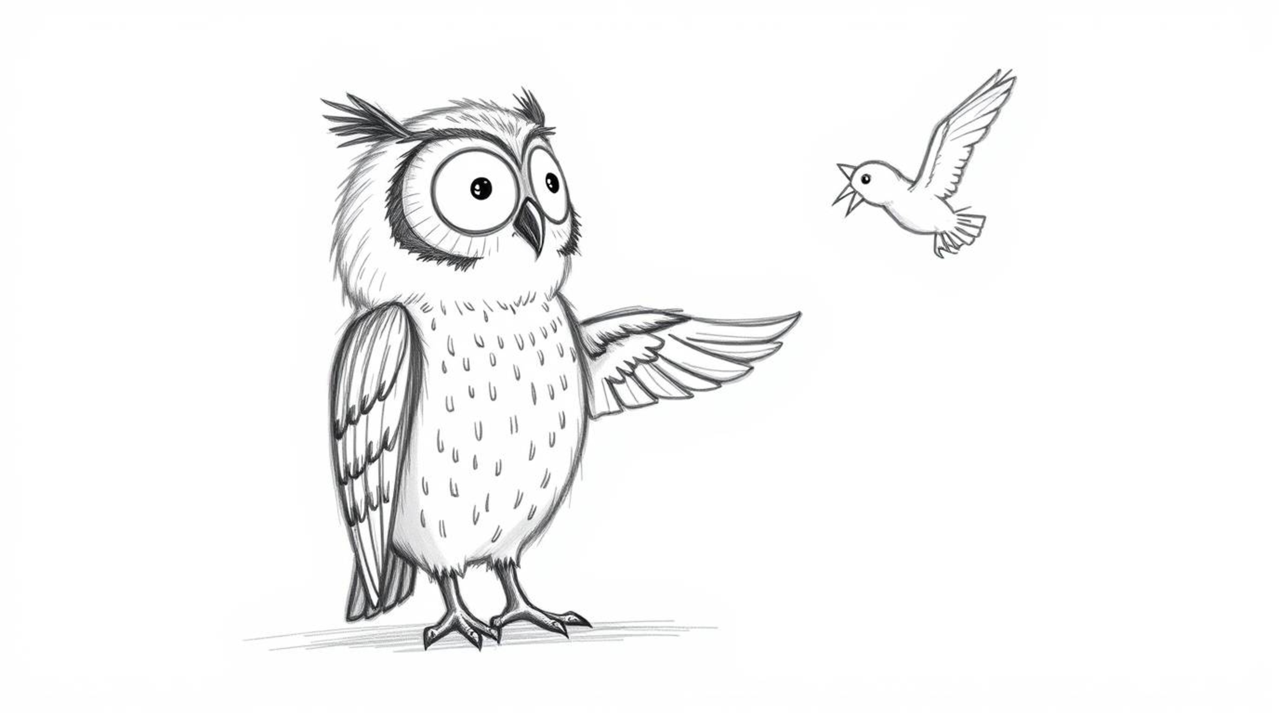 This heartwarming scene depicts a blind owl, rendered in a charming, hand-drawn sketch reminiscent of Pixar's style, gently g