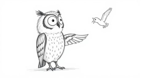 This heartwarming scene depicts a blind owl, rendered in a charming, hand-drawn sketch reminiscent of Pixar's style, gently g