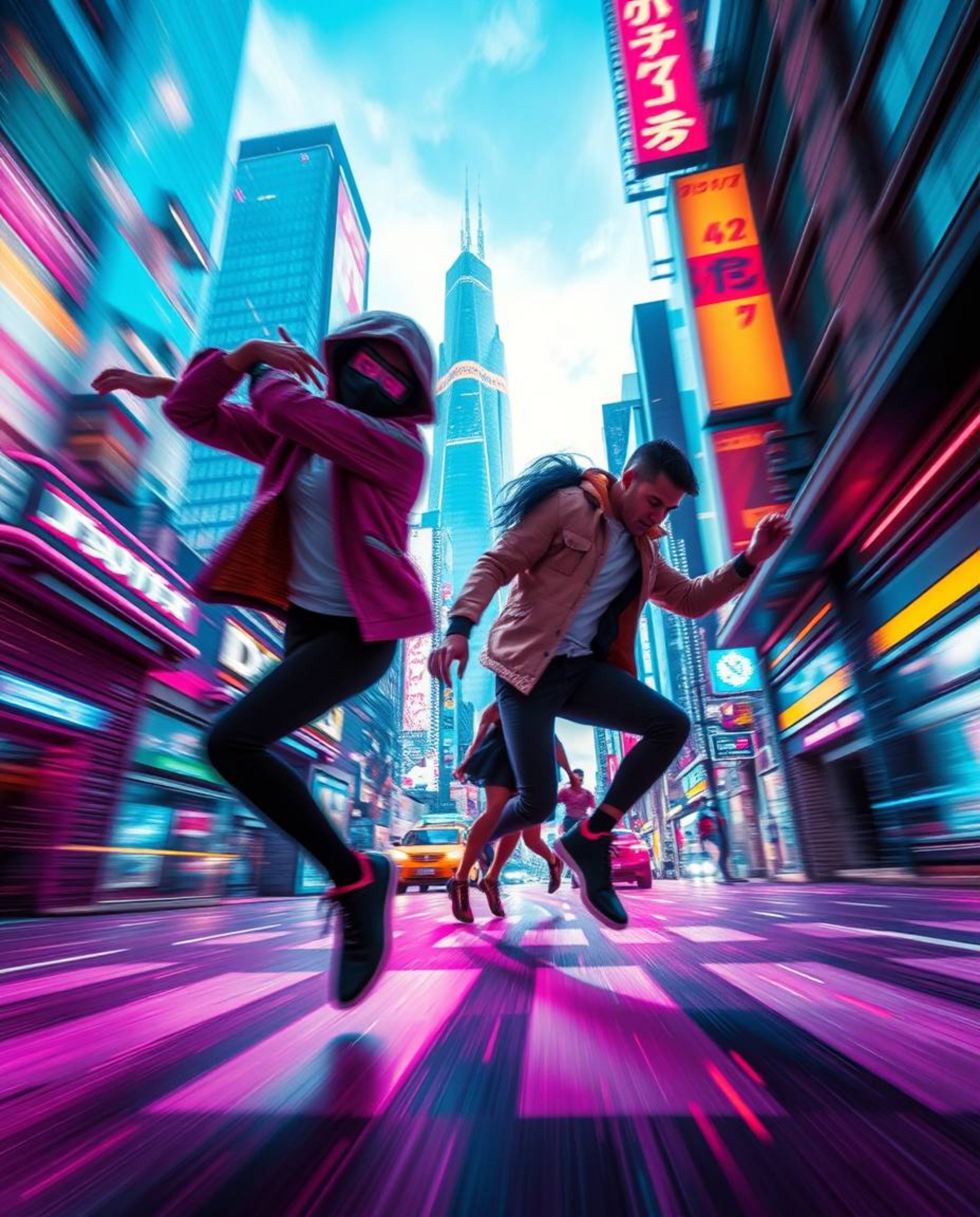 Experience the energy of dynamic motion captured in a futuristic cityscape, a vibrant cyberpunk environment alive with colorf