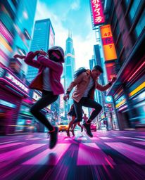 Experience the energy of dynamic motion captured in a futuristic cityscape, a vibrant cyberpunk environment alive with colorf
